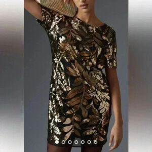 Anthropologie Black and Gold Floral Mini Dress